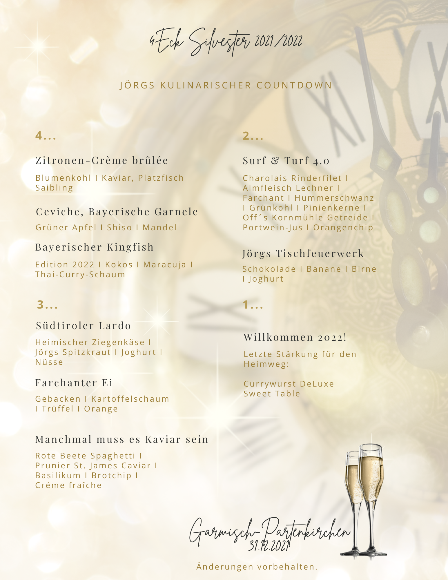 Silvestermenü 4Eck Restaurant Garmisch 2021 2022